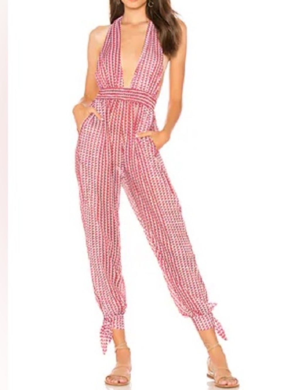 Agua Bendita x Revolve Josie Plunging V-Neck Pink Printed Halter Jumpsuit - Picture 4 of 10